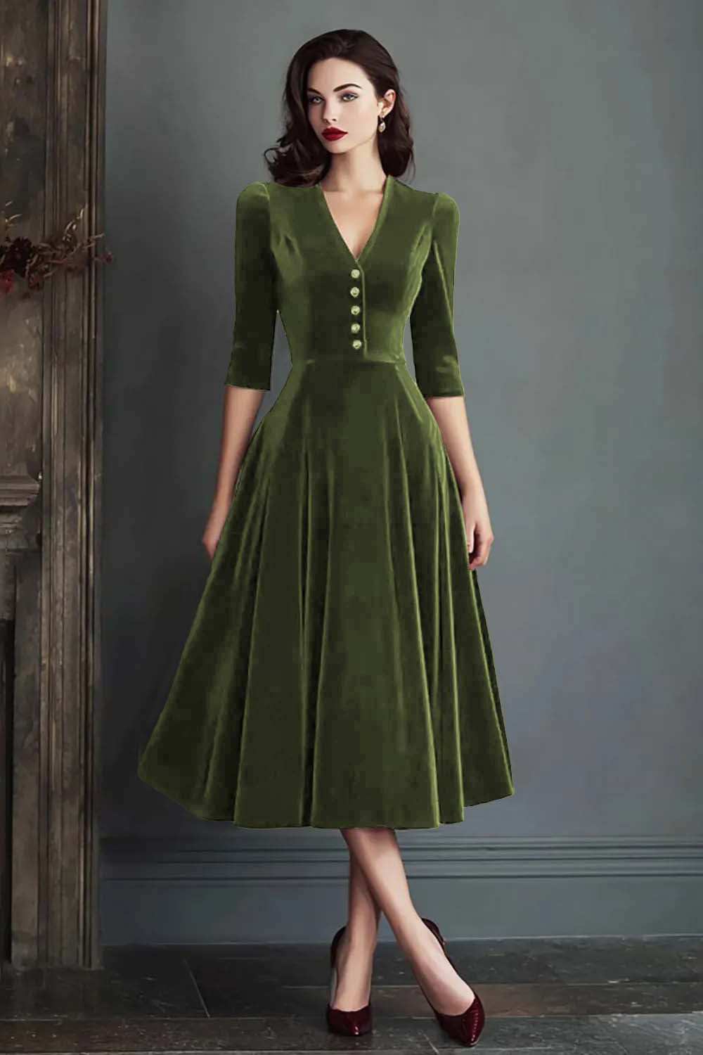 Burgundy Velvet A-Line V-Neck Midi Dress with Half Sleeves