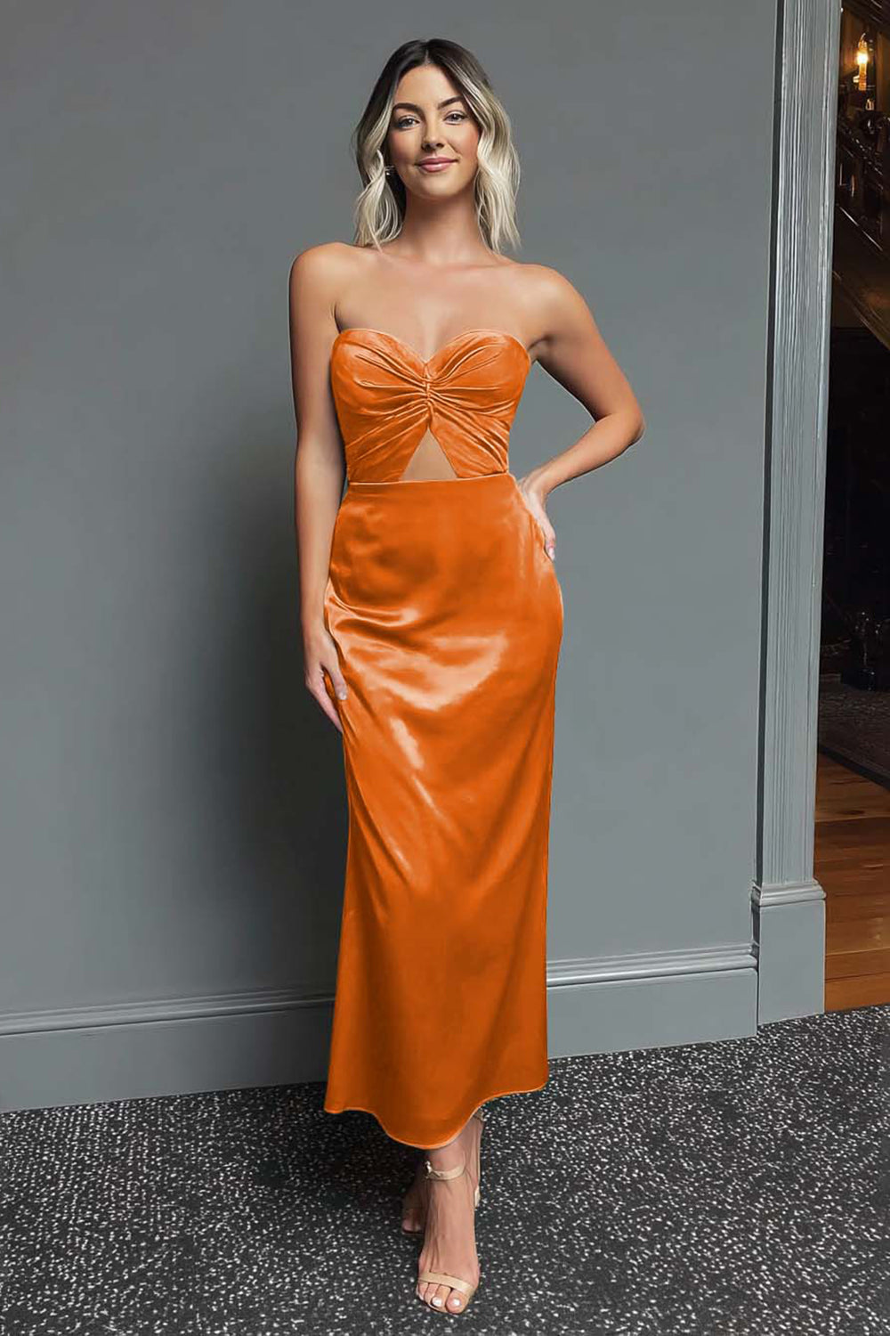 Dark Green Sheath Strapless Cut Out Ankle Length Formal Dress