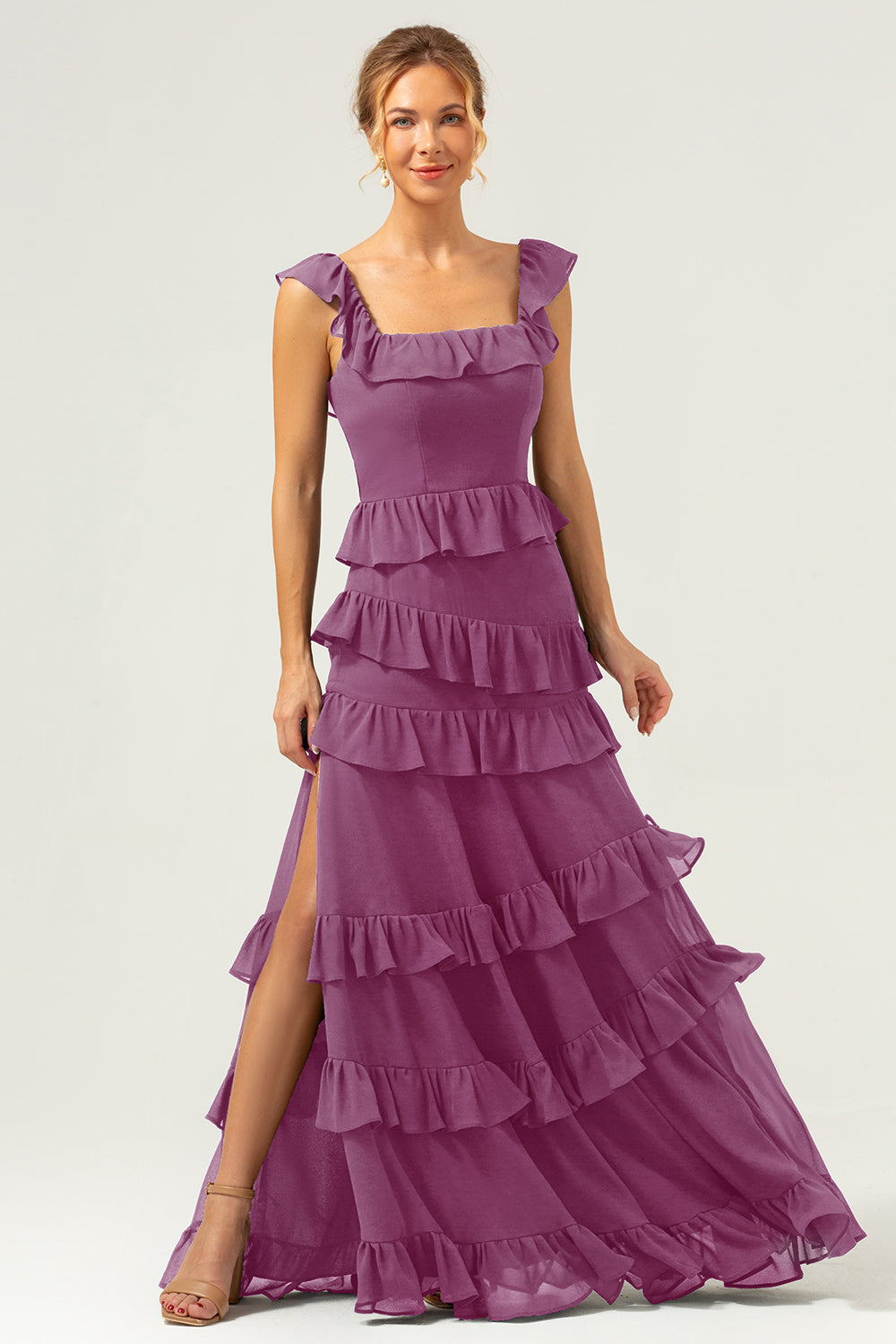 Dark Navy A Line Tiered Chiffon Maxi Bridesmaid Dress