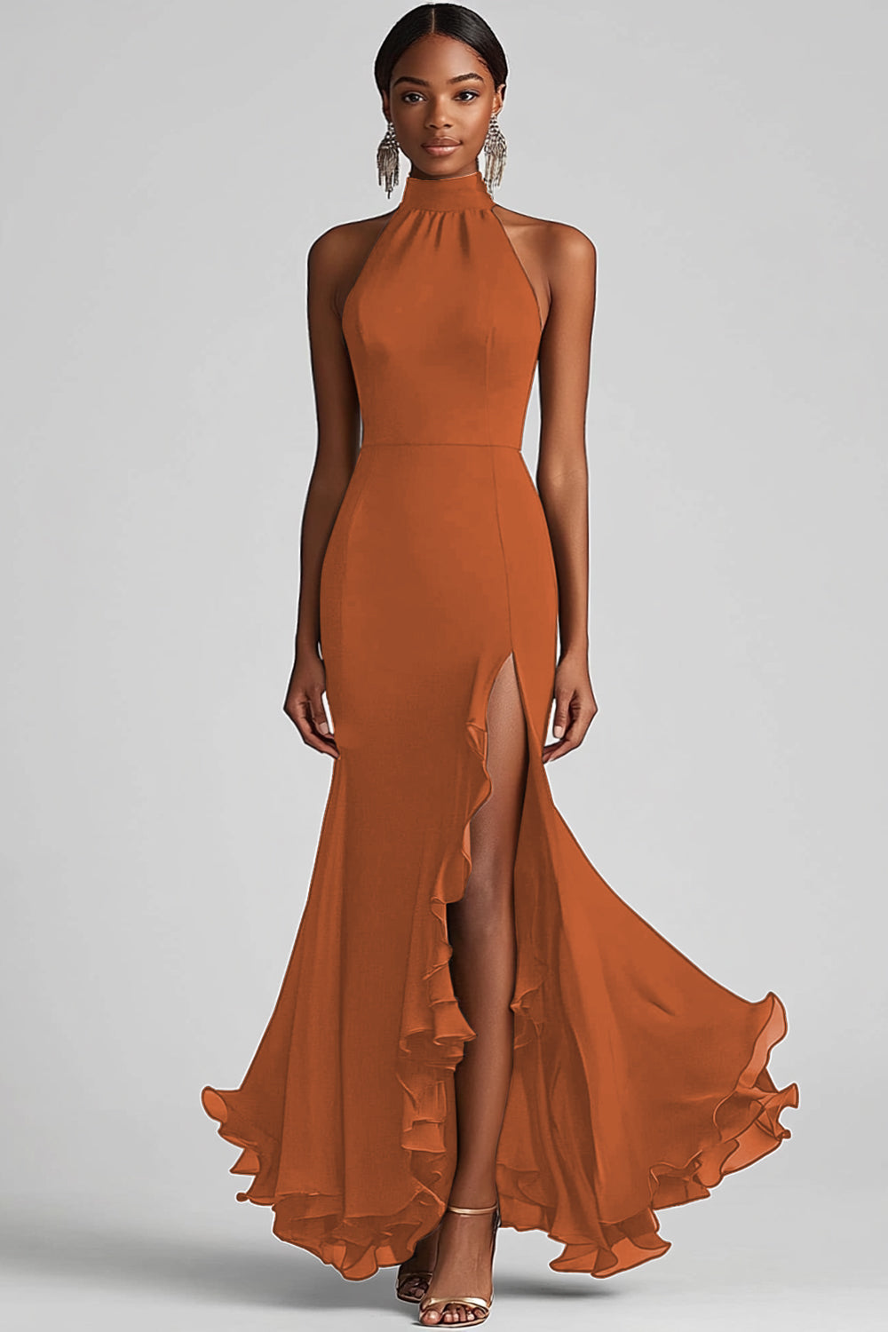 Black Halter Mermaid Formal Dress with Ruffle Hem