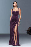 Velvet Burgundy Sheath Formal Dress with Slit