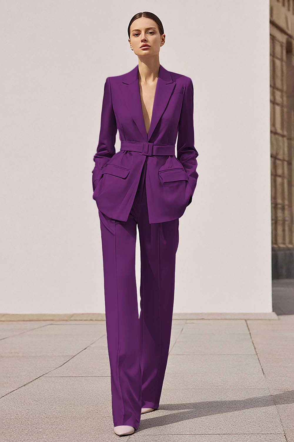 Lilac 2-Piece Peak Lapel Business Suit with Belt