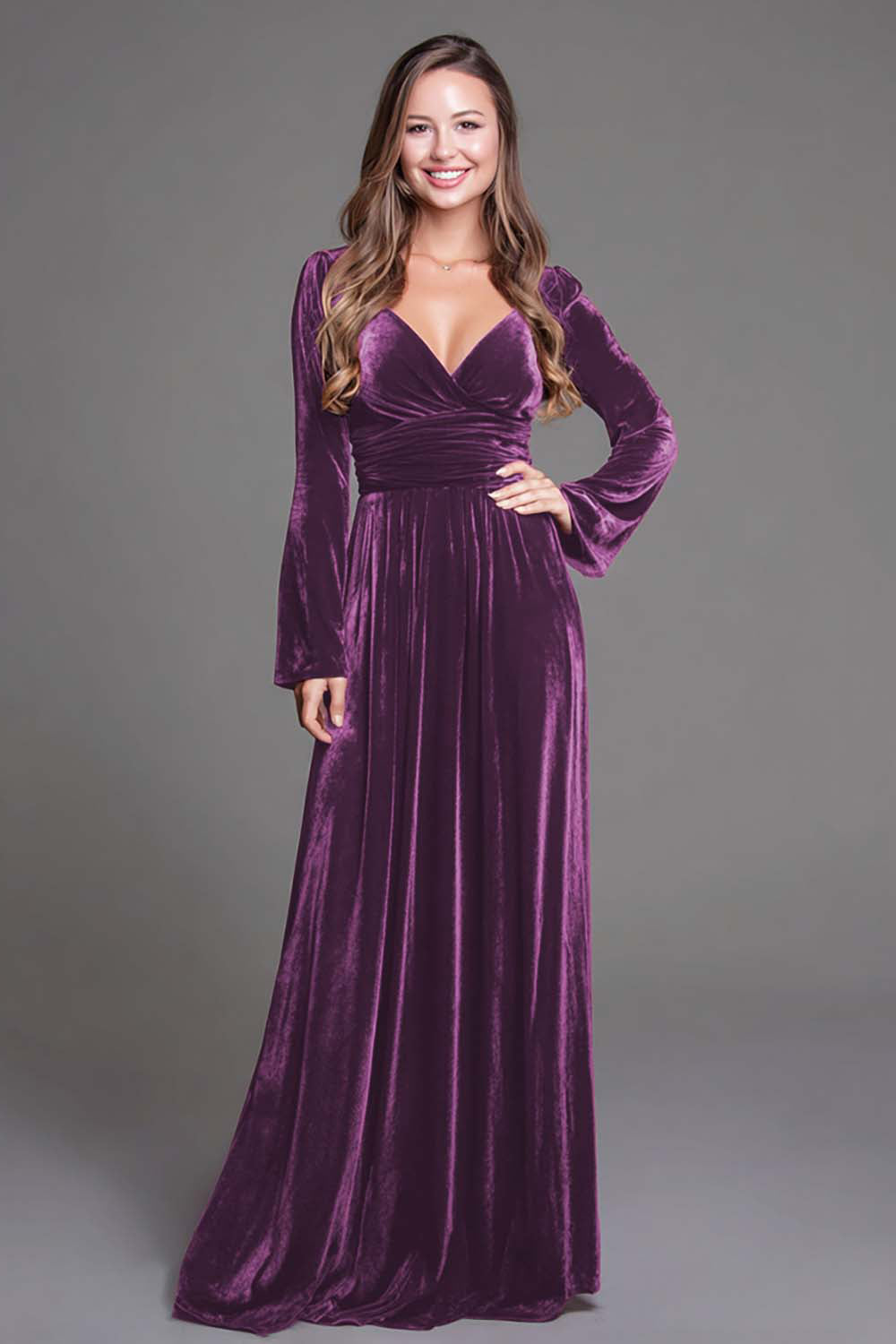 Burgundy A-Line Velvet Holiday Party Dress With Long Sleeves