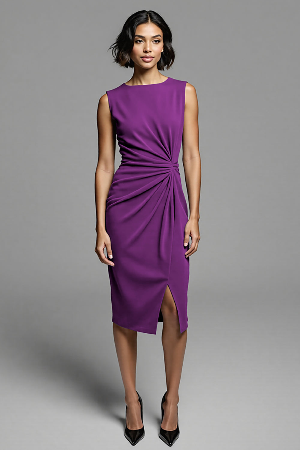 Grey Ruched Midi Dress with Slit