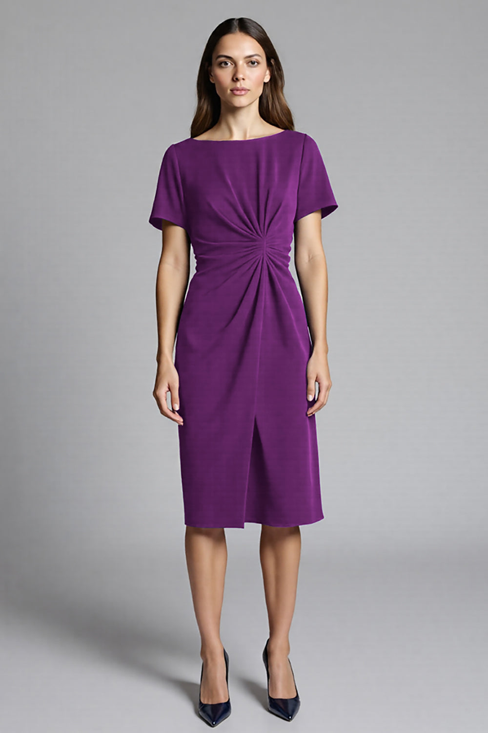 Navy Sheath Short Sleeve Midi Dress