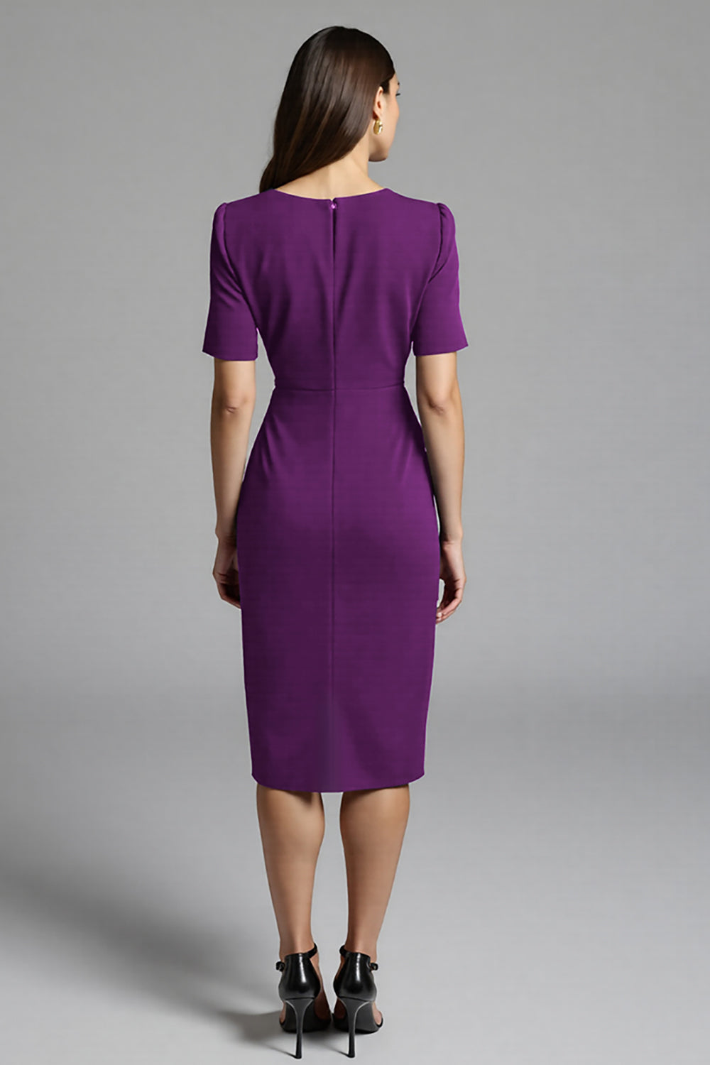 Ruched Navy Short Sleeve V-Neck Midi Dress