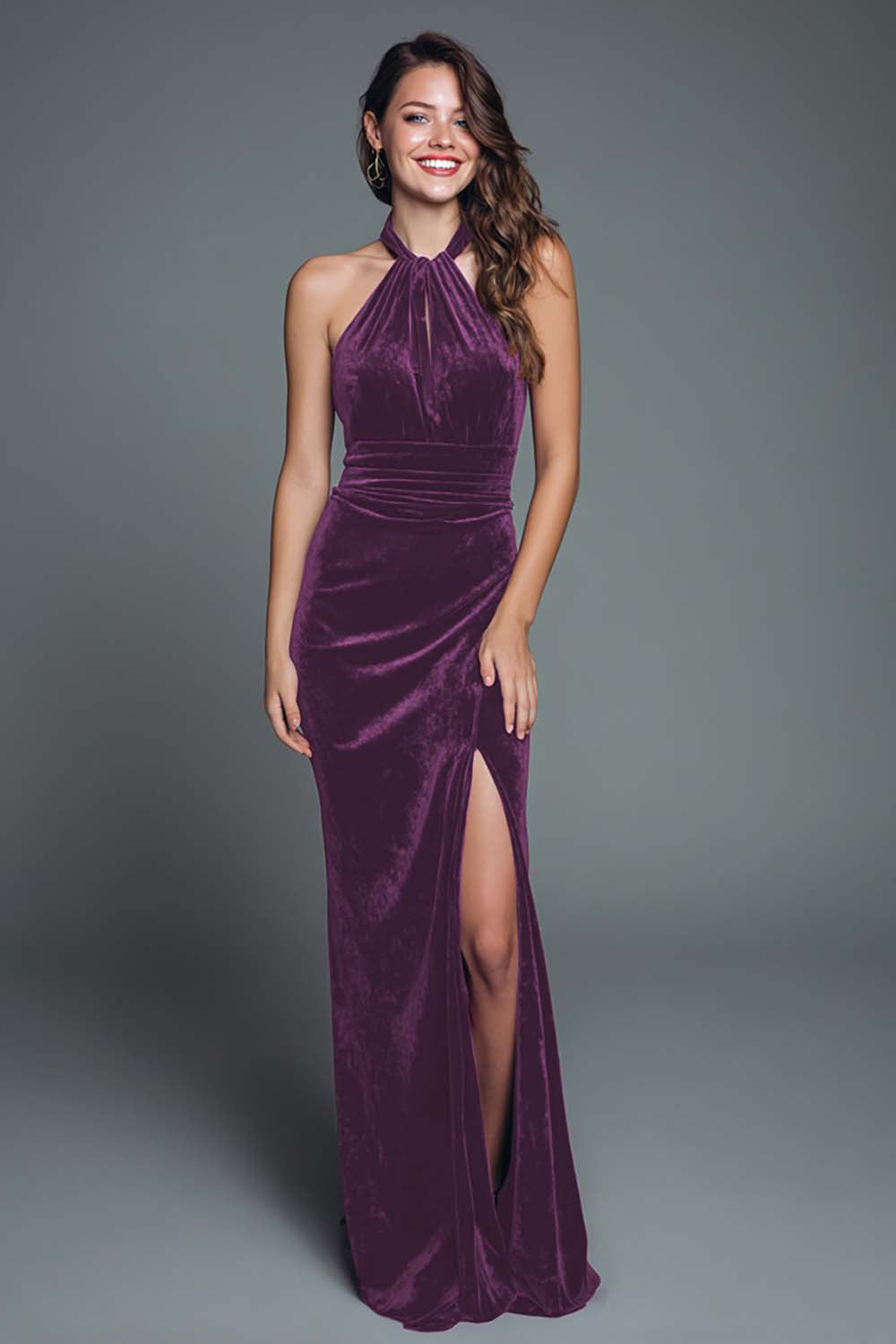 Halter Burgundy Velvet Sheath Holiday Dress With Slit
