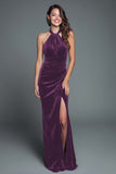 Halter Burgundy Velvet Sheath Holiday Dress With Slit