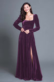 Burgundy Square Neck Velvet Holiday Party Dress With Slit