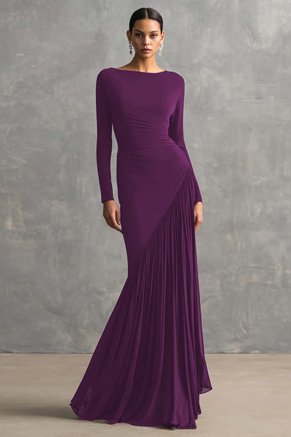 Black Pleated Mermaid Bateau Neck Formal Dress with Long Sleeves
