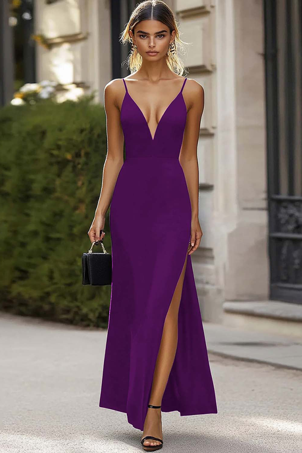 Sheath Spaghetti Straps Black Tie Dress with Slit