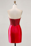 Fuchsia Corset Satin Strapless Homecoming Dress with Beading