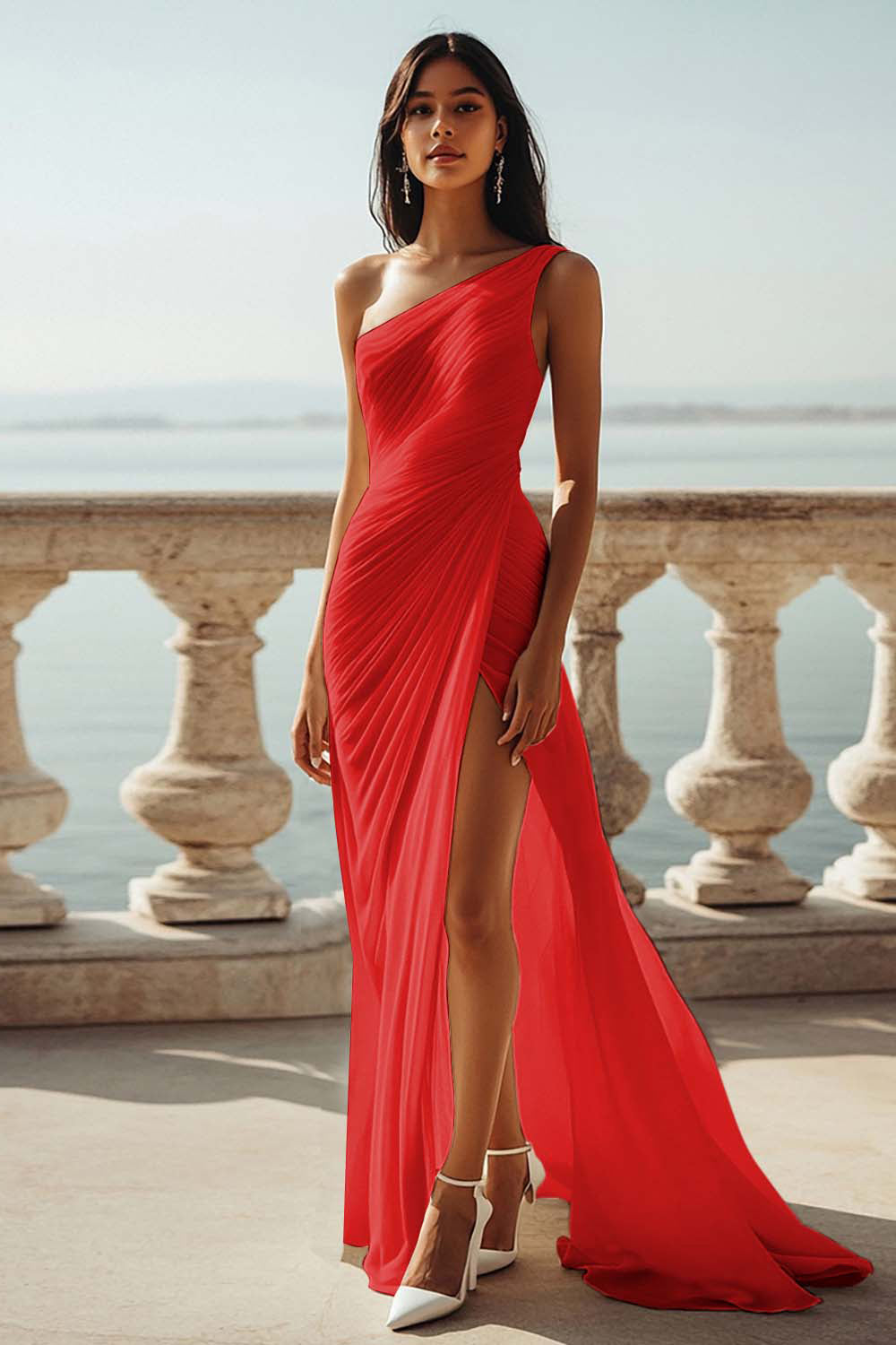 Ivory One Shoulder Ruched Maxi Dress with Slit