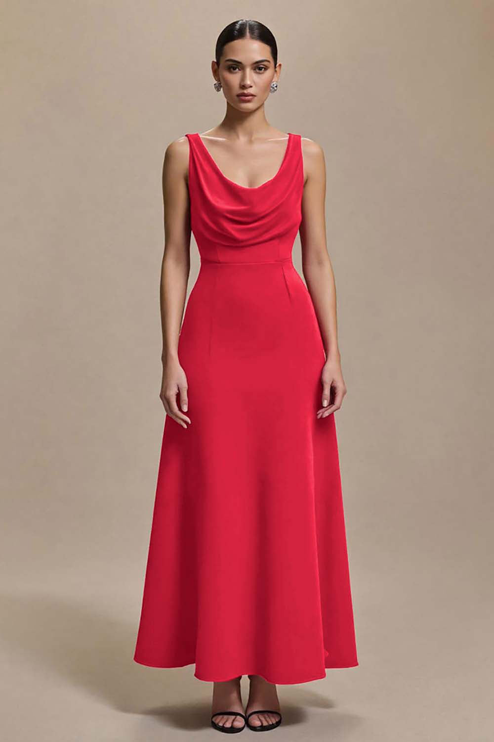 Red A-Line Cowl Neck Long Formal Dress
