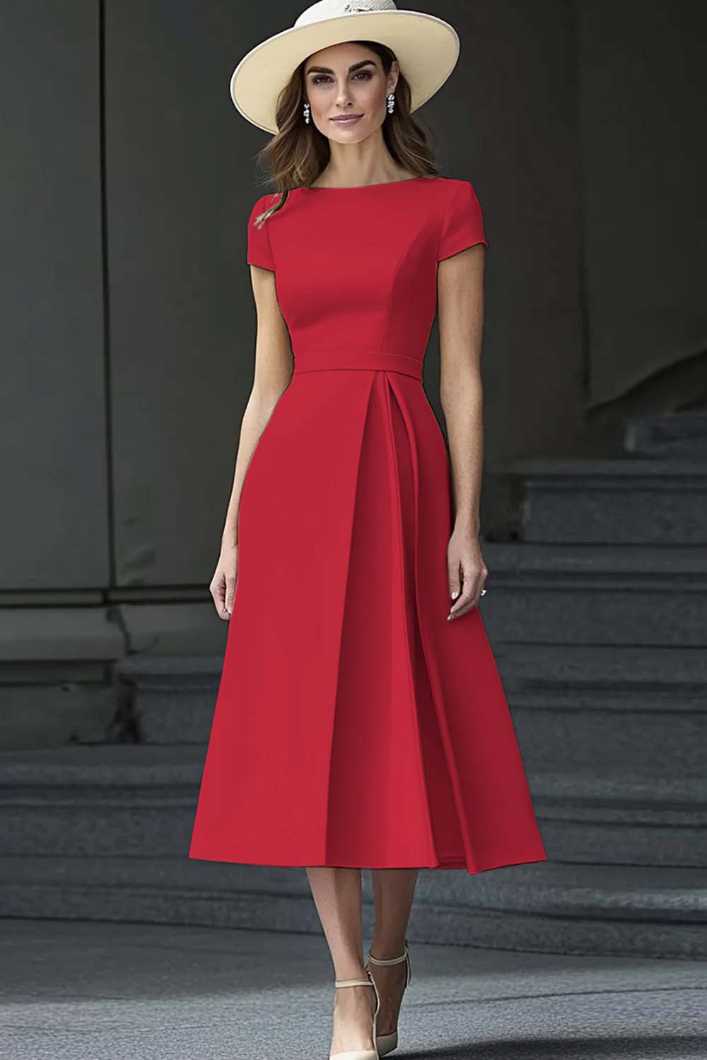 Yellow A Line Round Neck Midi Mother of the Bride Dress