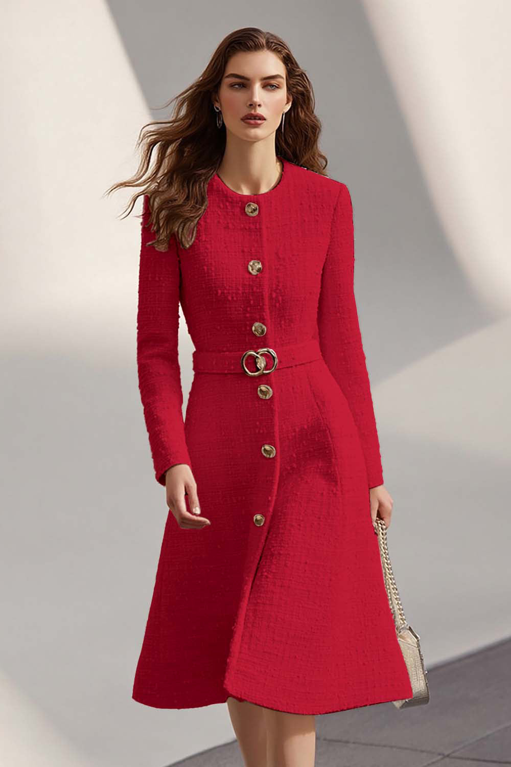 Ivory Tweed A-Line Round Neck Business Casual Dress With Belt