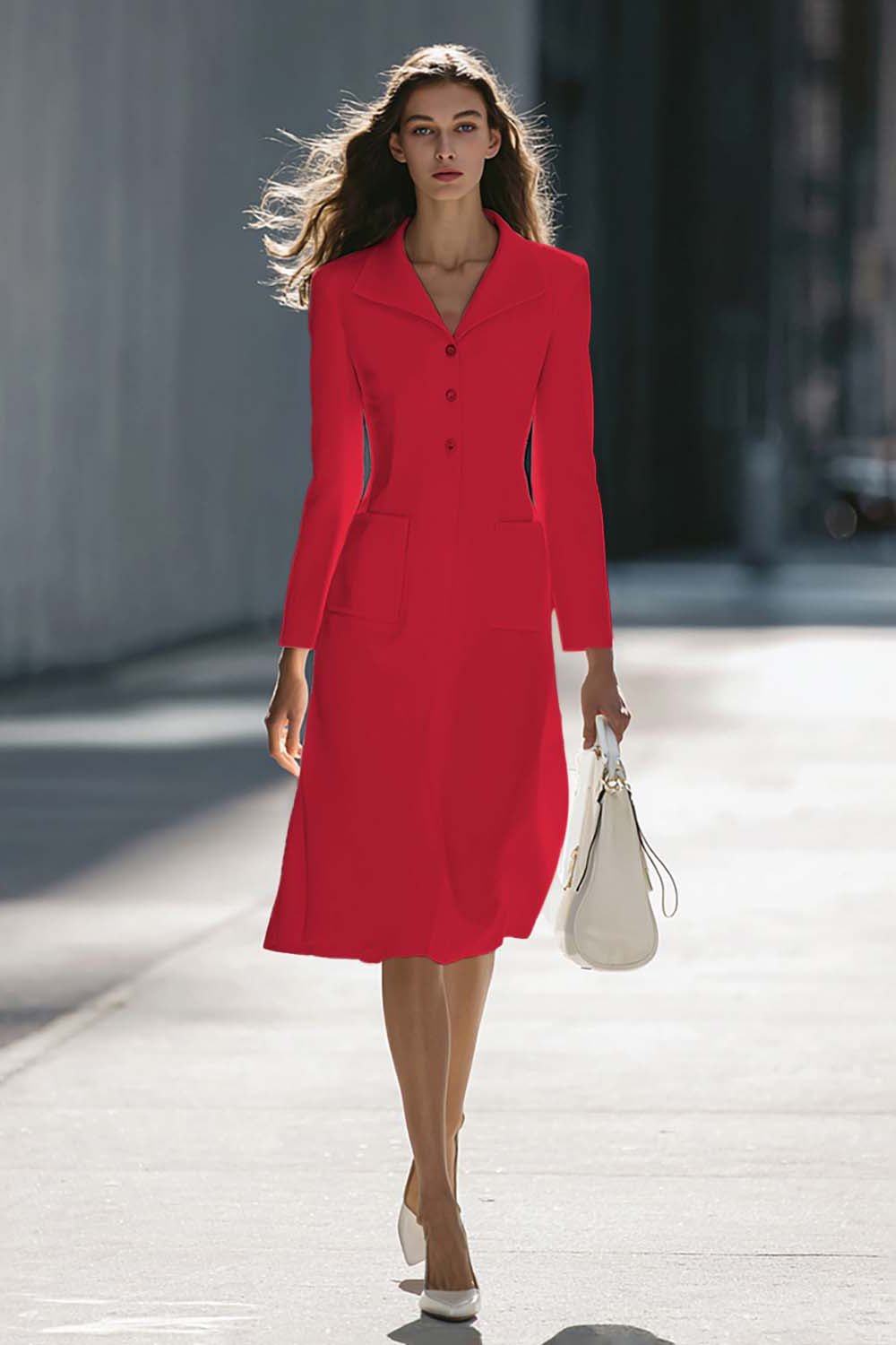 A-Line Long Sleeve Ivory Work Dress With Pockets