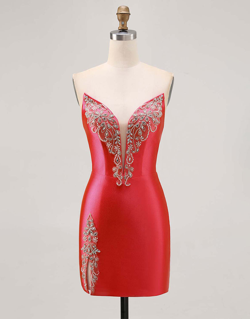 Fuchsia Beaded Satin Bodycon Strapless Homecoming Dress with Slit