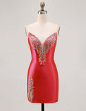 Fuchsia Beaded Satin Bodycon Strapless Homecoming Dress with Slit