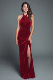 Halter Burgundy Velvet Sheath Holiday Dress With Slit