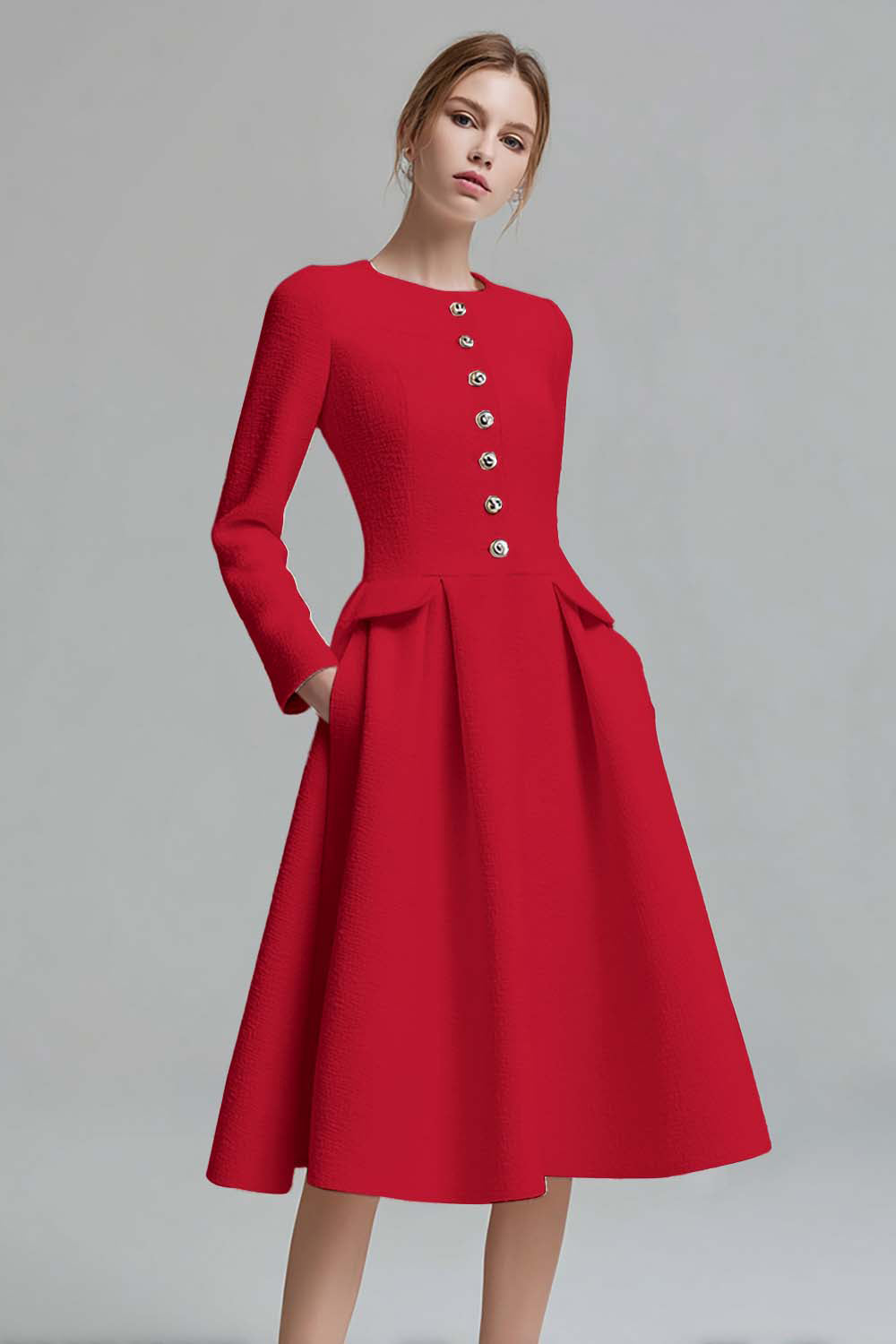 Ivory A-Line Round Neck Tweed Long Sleeve Work Dress