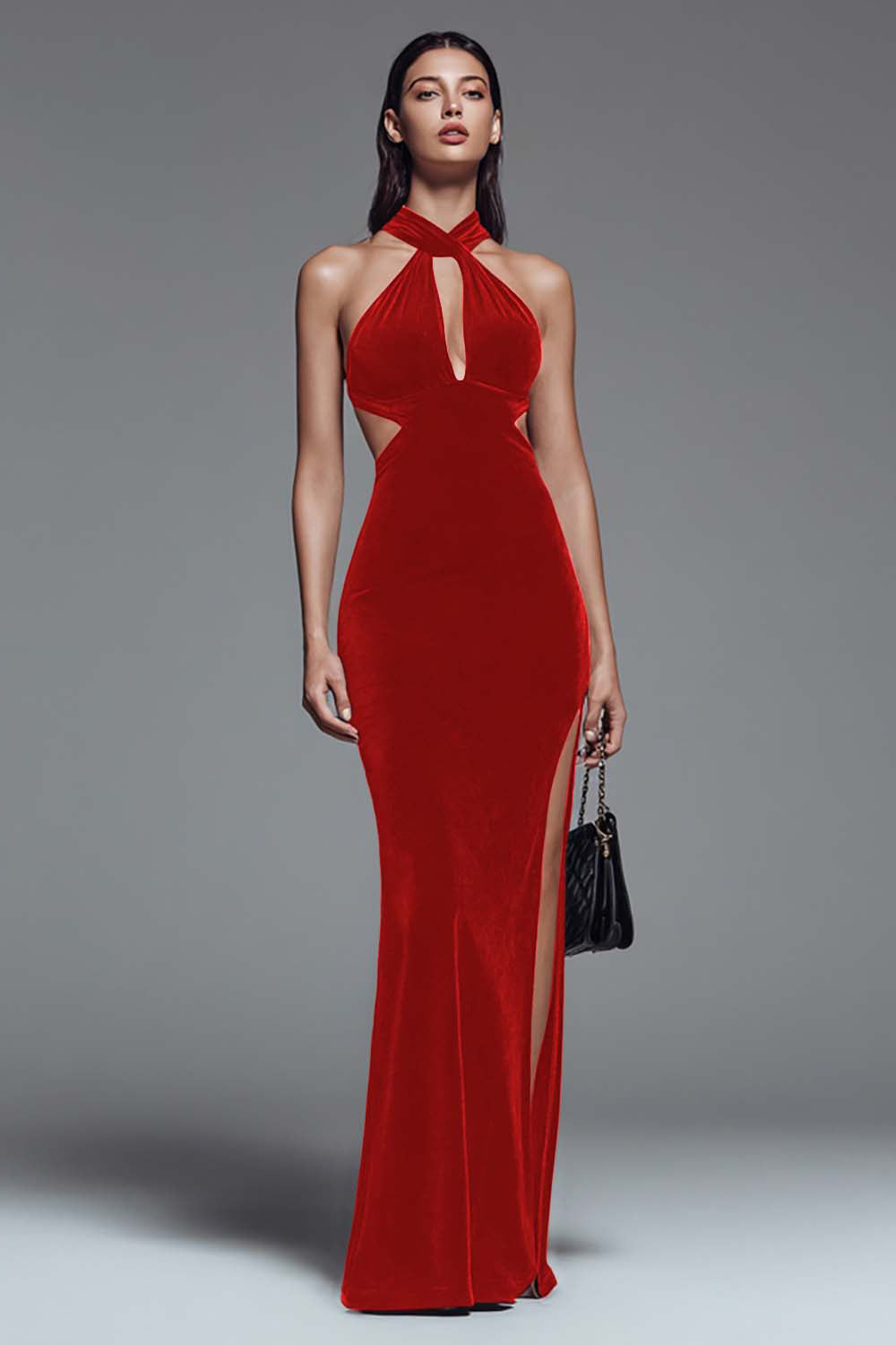 Dark Green Halter Mermaid Cut Out Velvet Formal Dress With Slit