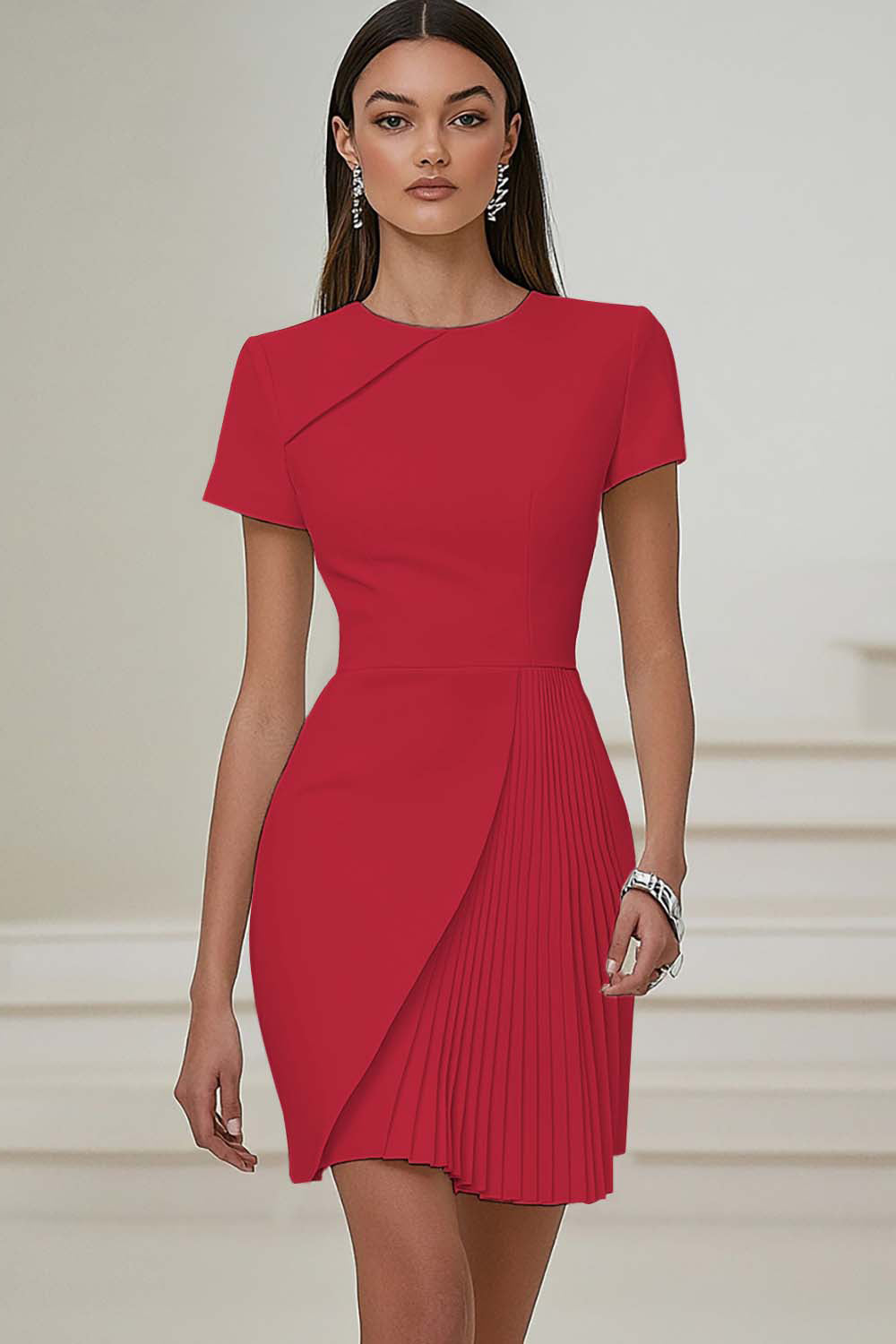 Bodycon Pleated Ivory Work Dress with Short Sleeves