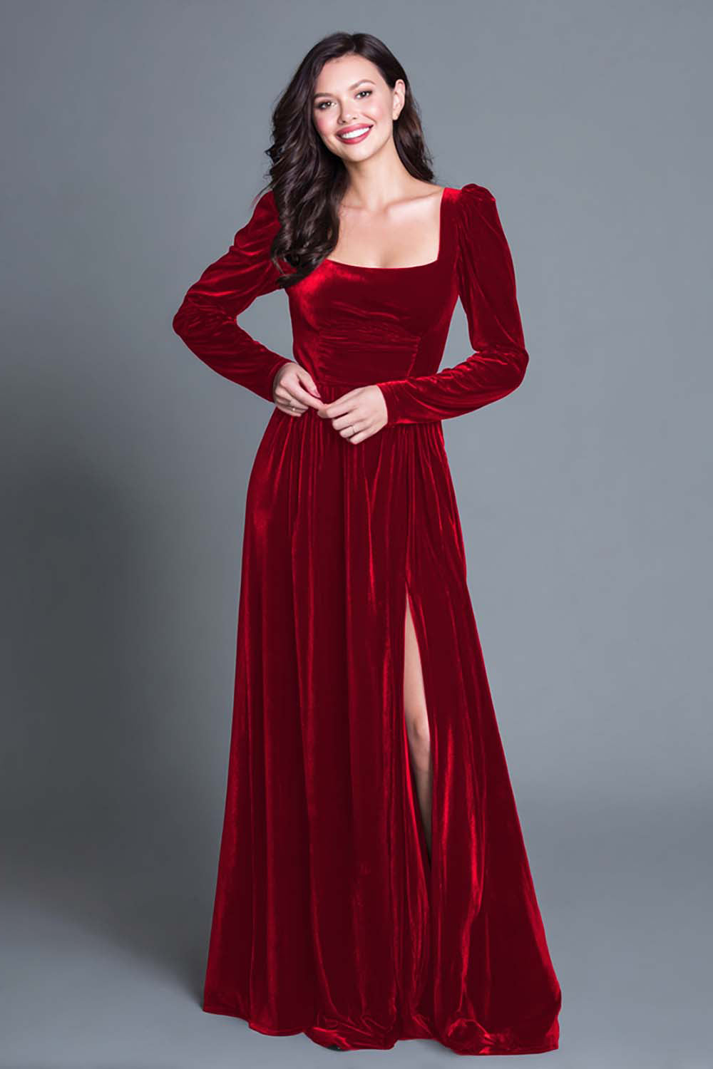 Burgundy Square Neck Velvet Holiday Party Dress With Slit