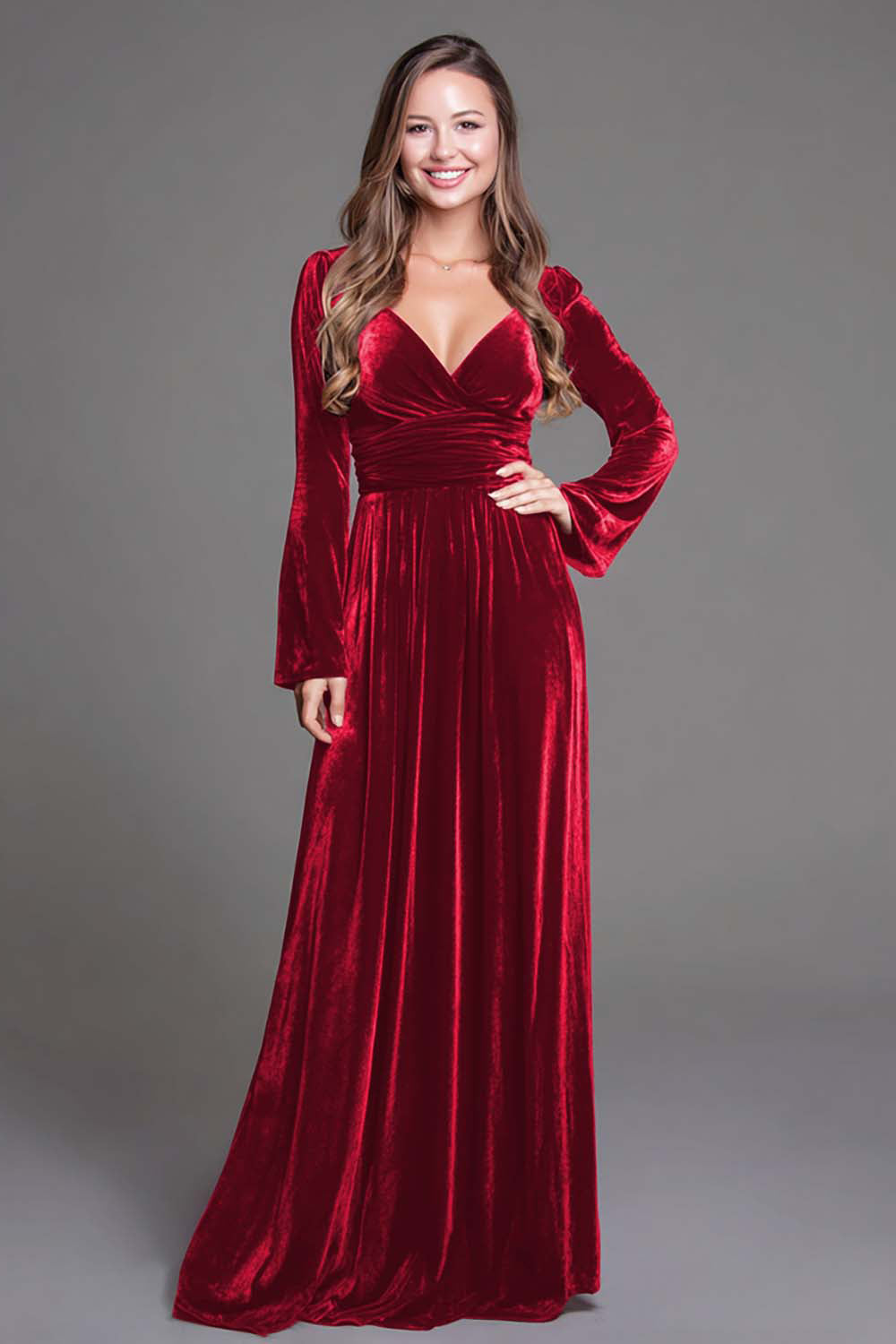 Burgundy A-Line Velvet Holiday Party Dress With Long Sleeves