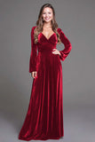 Burgundy A-Line Velvet Holiday Party Dress With Long Sleeves