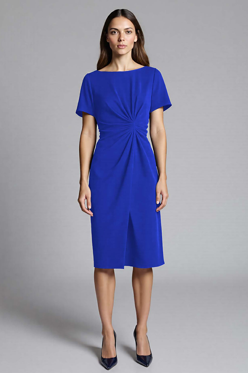 Navy Sheath Short Sleeve Midi Dress