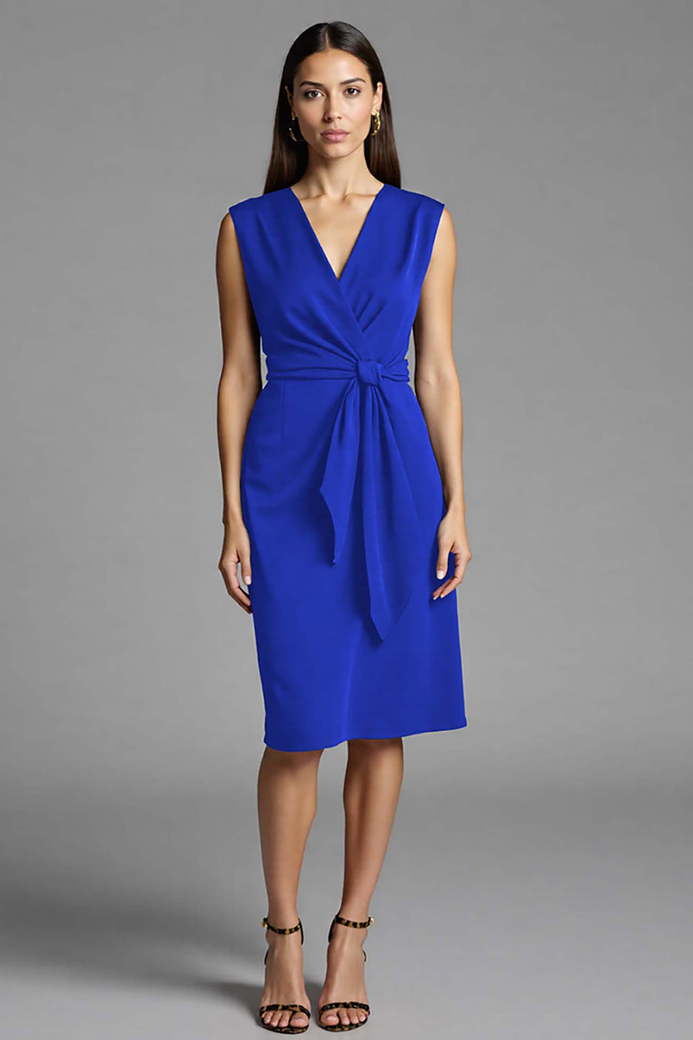 Navy Sheath V-Neck Midi Dress with Sash
