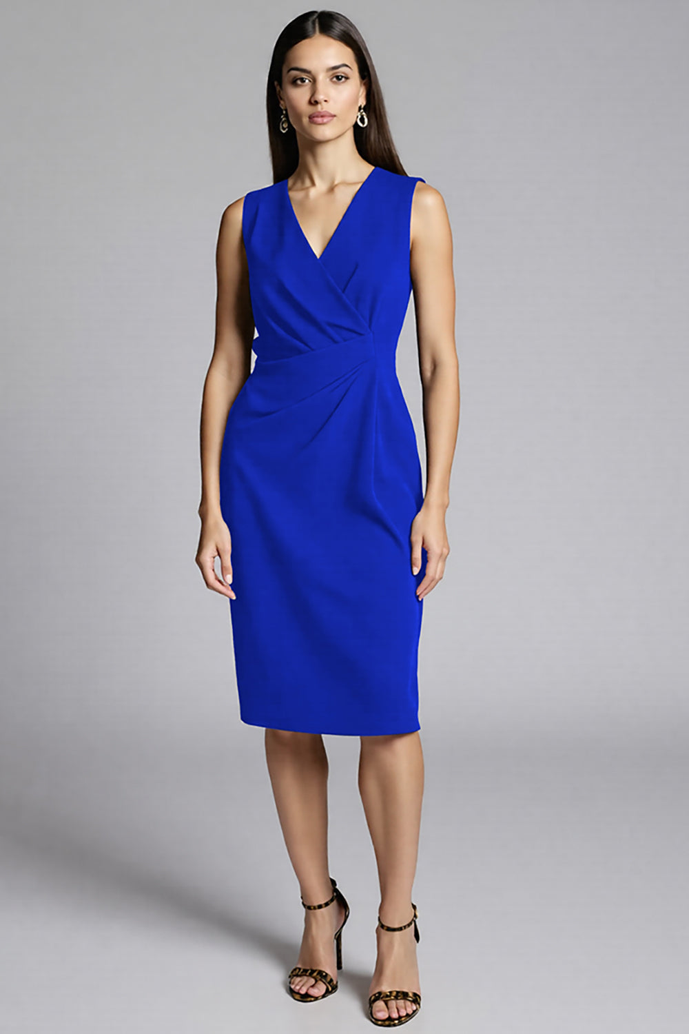 Navy Sheath V-Neck Midi Dress