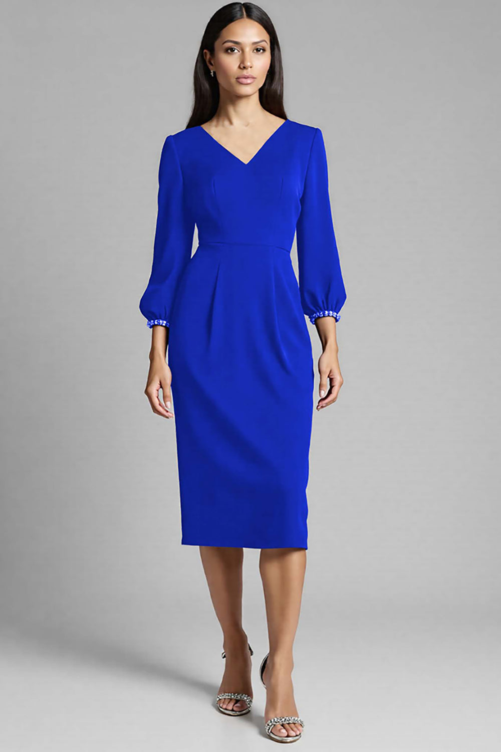 Navy V-Neck Sheath Midi Dress with 3/4 Sleeves