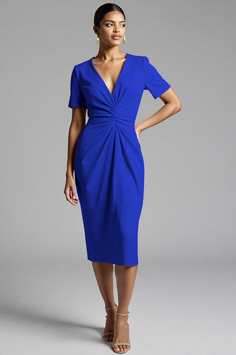 Ruched Champagne Bodycon Midi Dress