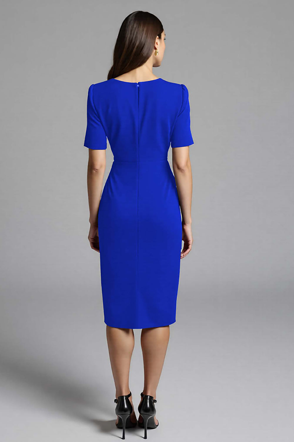 Ruched Navy Short Sleeve V-Neck Midi Dress