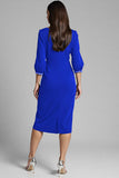 Navy V-Neck Sheath Midi Dress with 3/4 Sleeves