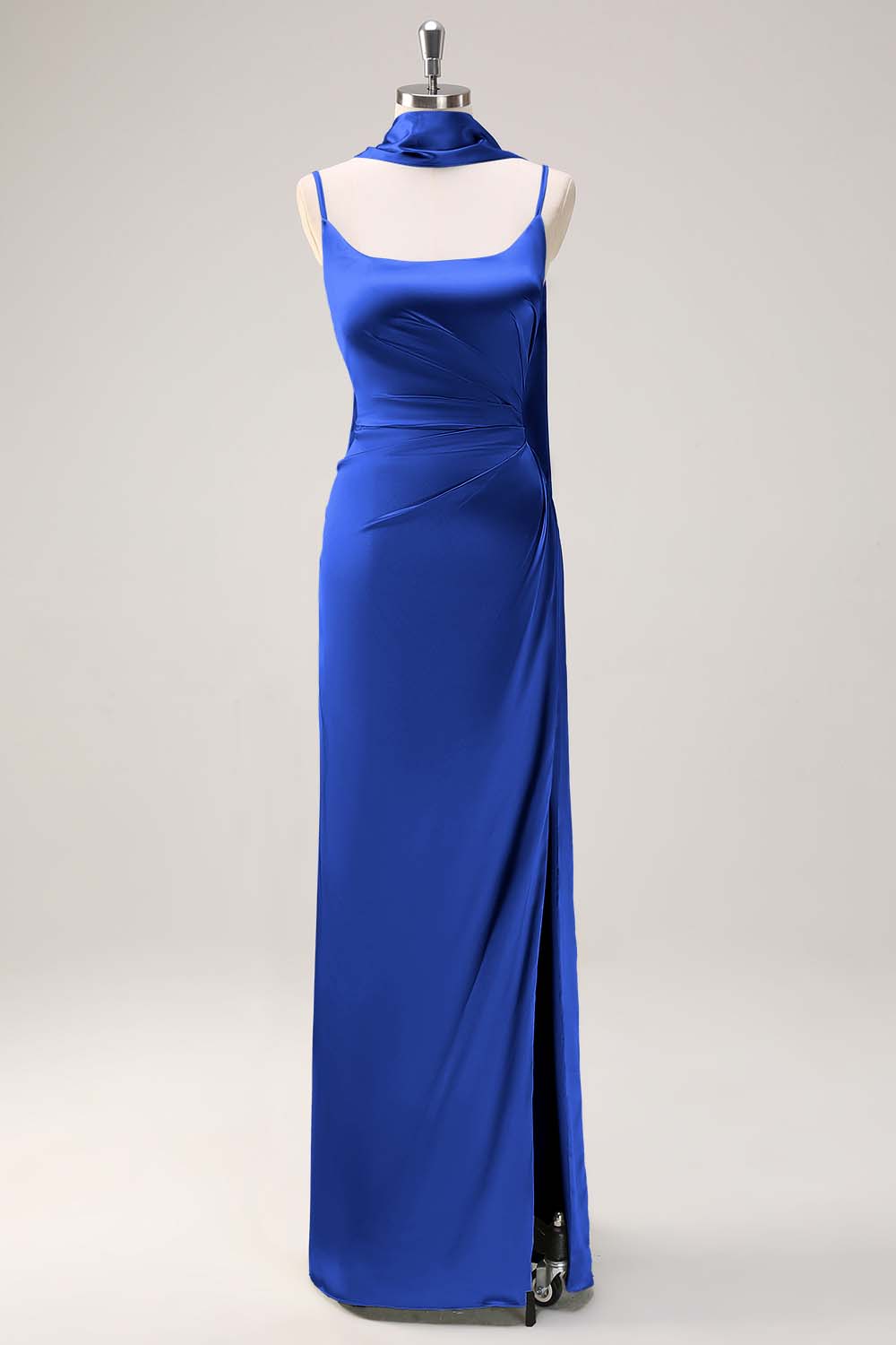 Sage Sheath Spaghetti Straps Slit Bridesmaid Dress with Ribbon