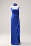 Sage Sheath Spaghetti Straps Slit Bridesmaid Dress with Ribbon