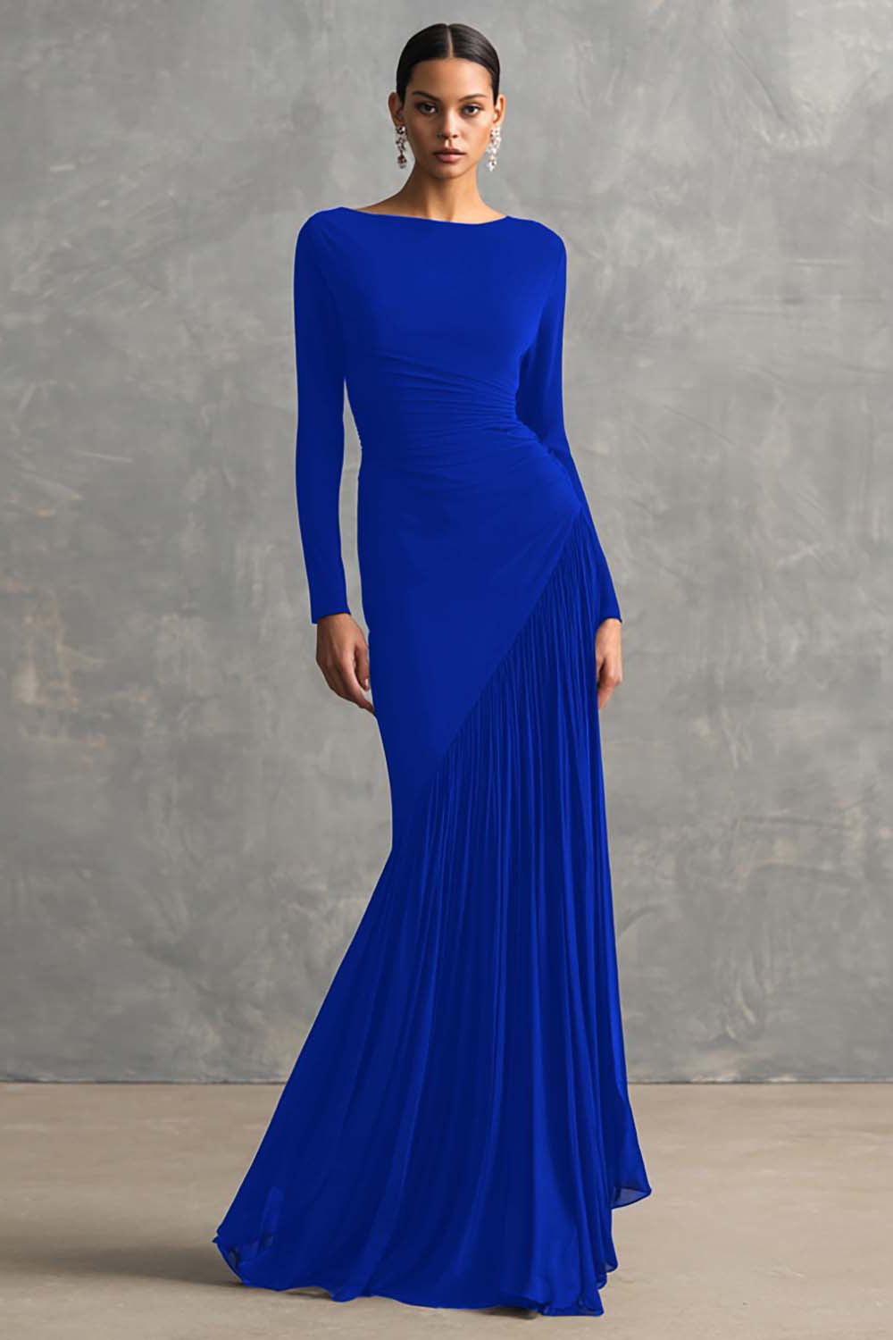 Black Pleated Mermaid Bateau Neck Formal Dress with Long Sleeves