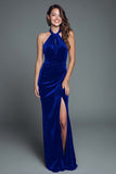 Halter Burgundy Velvet Sheath Holiday Dress With Slit