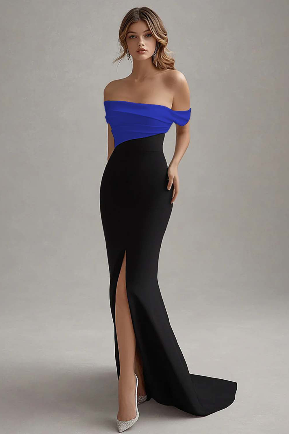 Elegant Off the Shoulder Black White Formal Dress with Slit