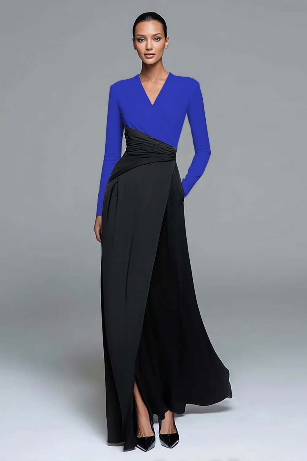 Black and White V-Neck Formal Dress with Long Sleeves
