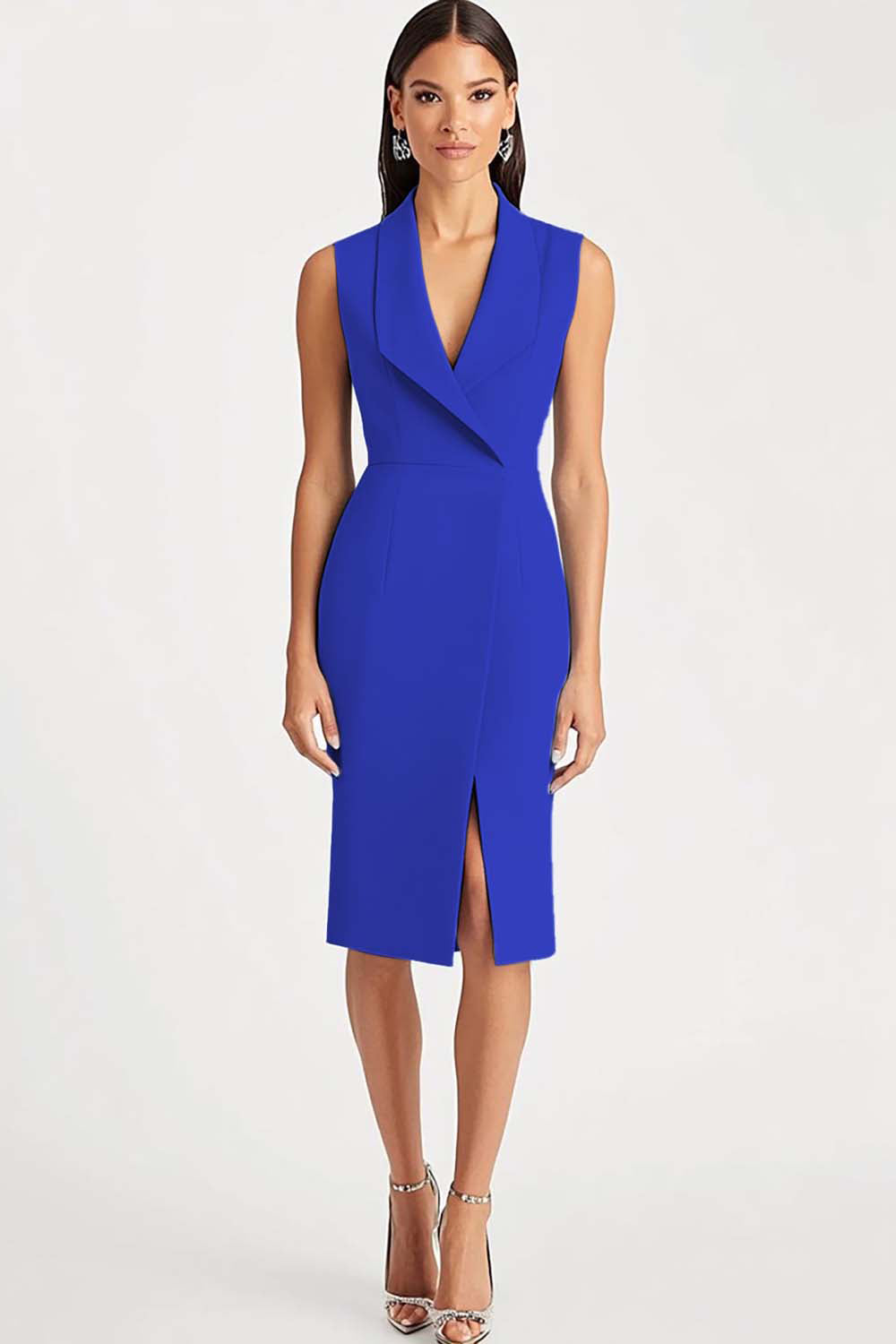 Blue Bodycon V-Neck Work Dress with Slit