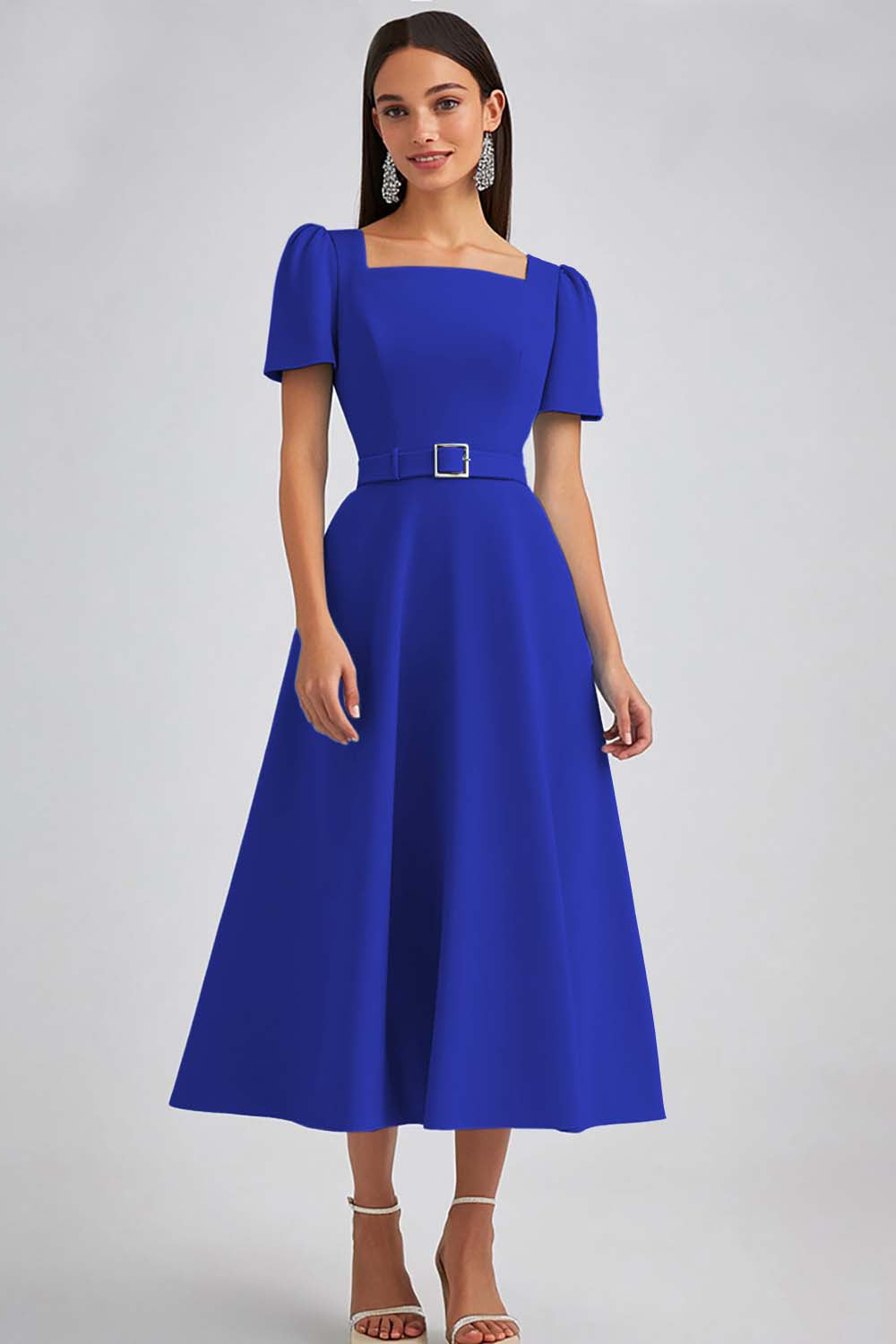 A Line Sky Blue Square Neck Midi Dress with Belt