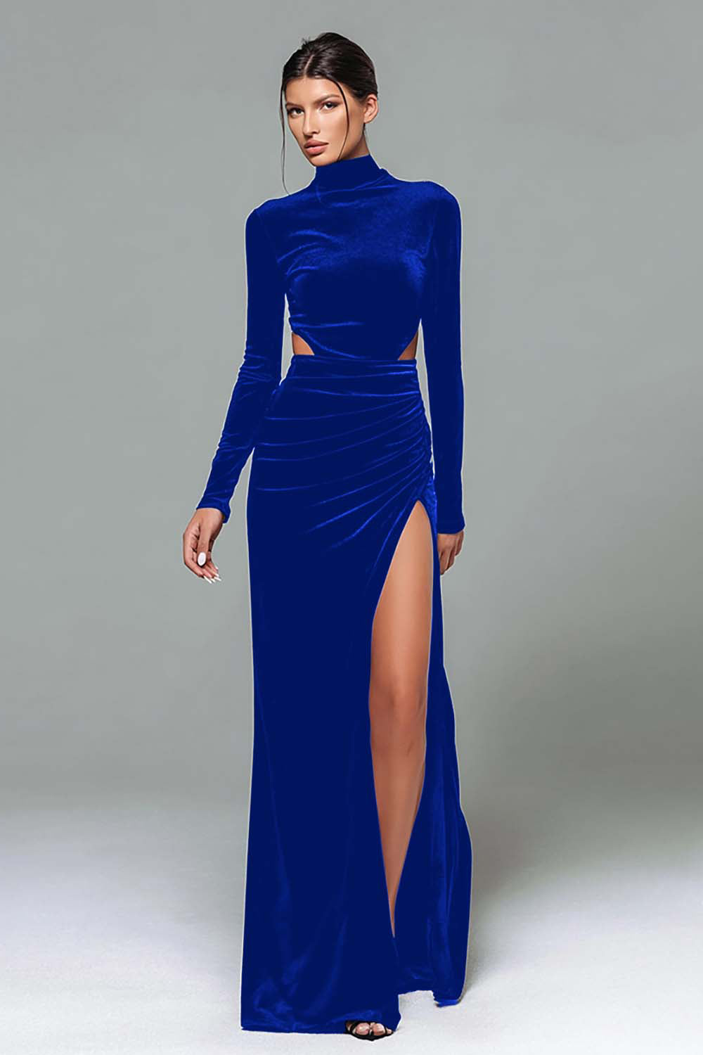 Black Velvet Cut Out High Neck Long Sleeve Formal Dress with Slit