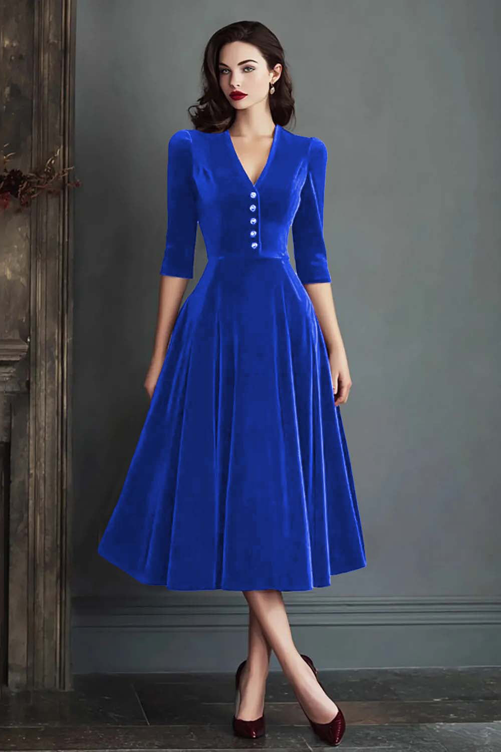 Burgundy Velvet A-Line V-Neck Midi Dress with Half Sleeves