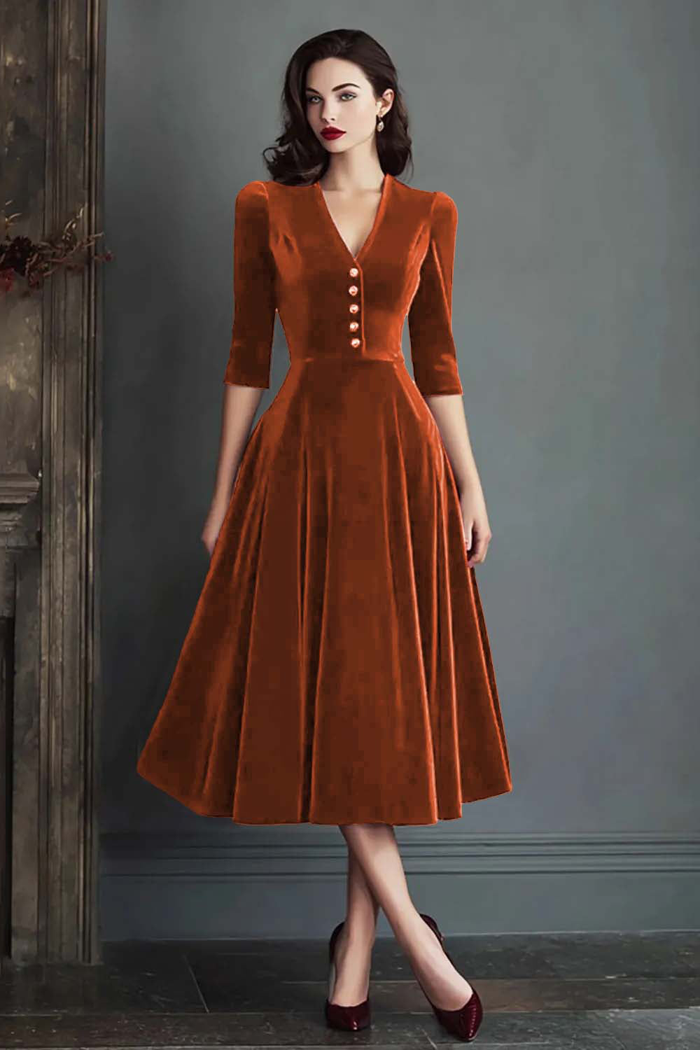 Burgundy Velvet A-Line V-Neck Midi Dress with Half Sleeves