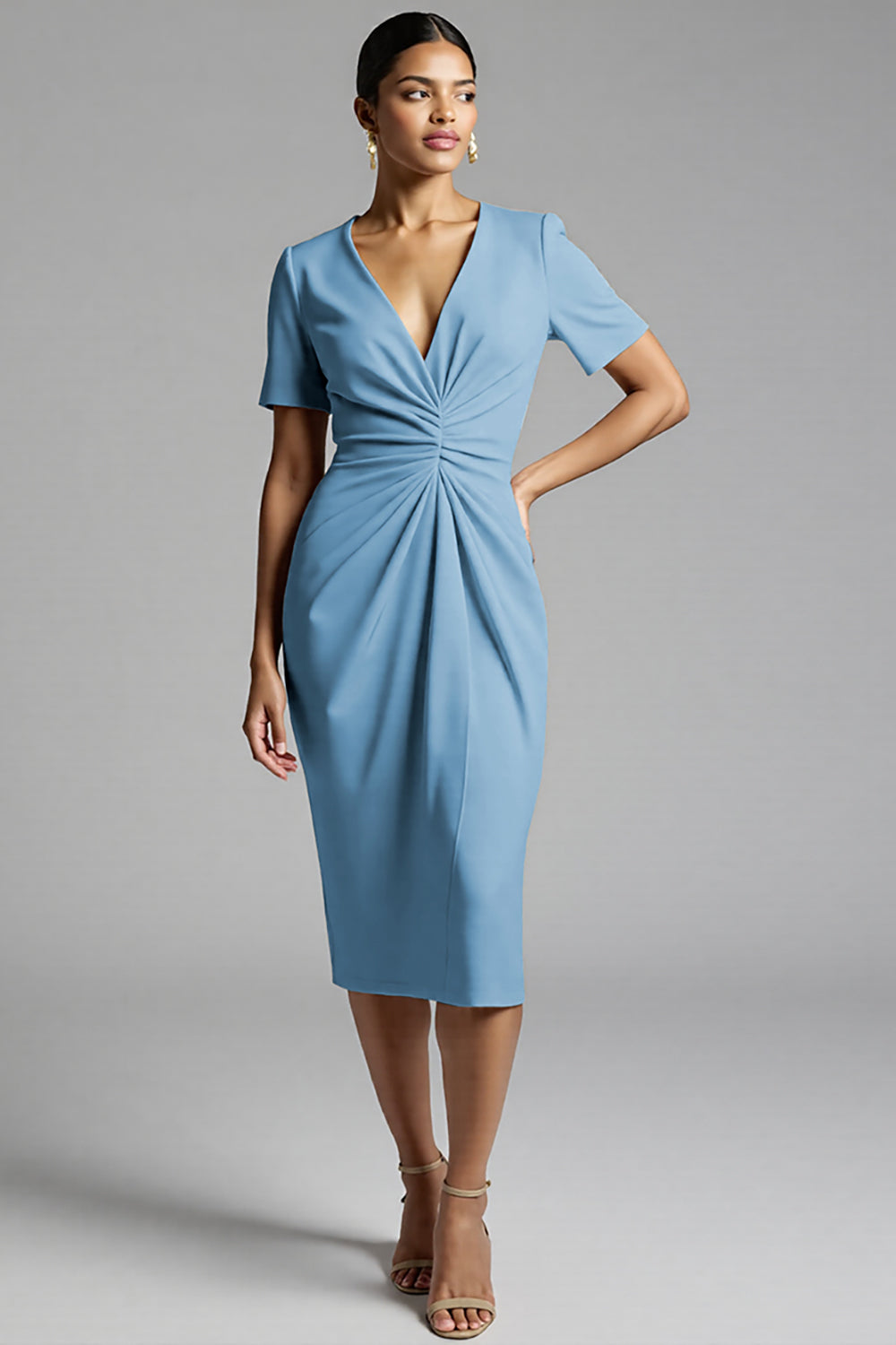 Ruched Champagne Bodycon Midi Dress