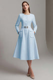 Ivory Long Sleeve A-Line Round Neck Midi Work Dress With Belt